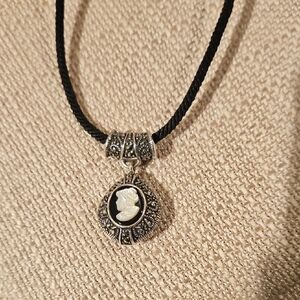 Black Onyx & Marcasite Cameo Pendant Necklace